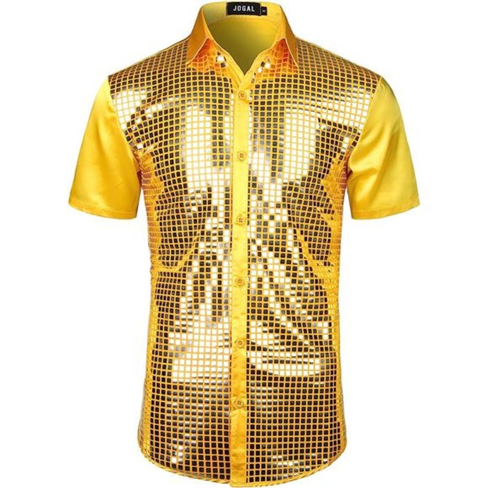 70s Disco Costume Silver Sequins Short Sleeve Button Down Shirts, Yellow Silver